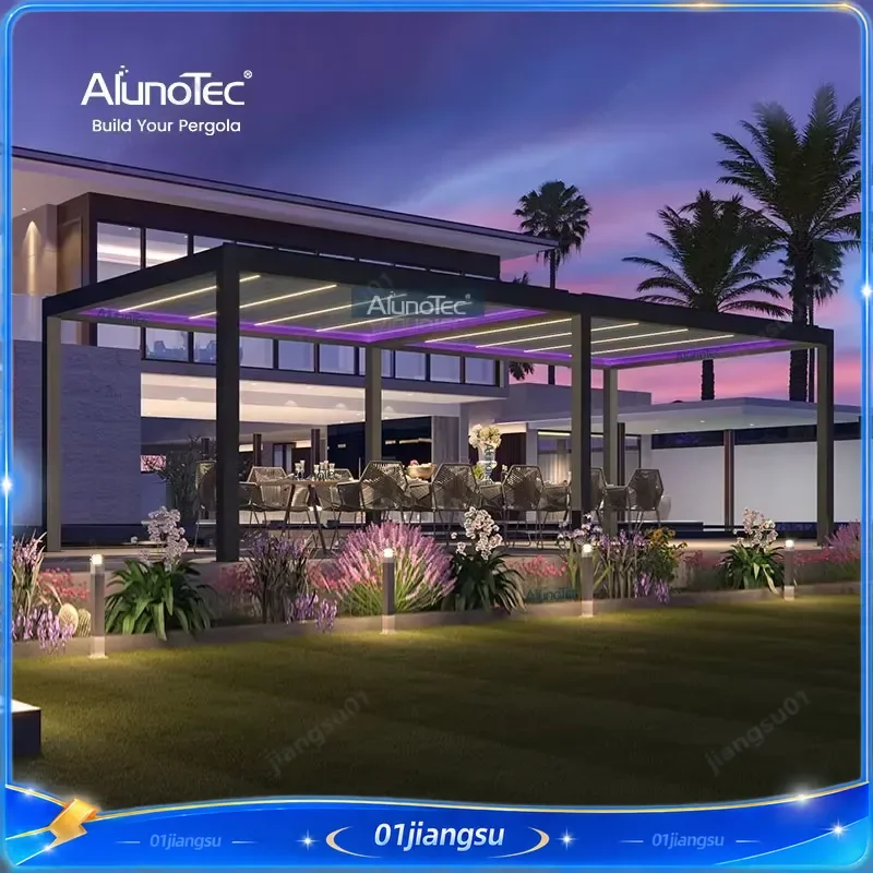 AlunoTec Luxury Aluminum Pergola Motorized Louvered Gazebo Outdoor Patio Garden House Furniture with Roofing Options for