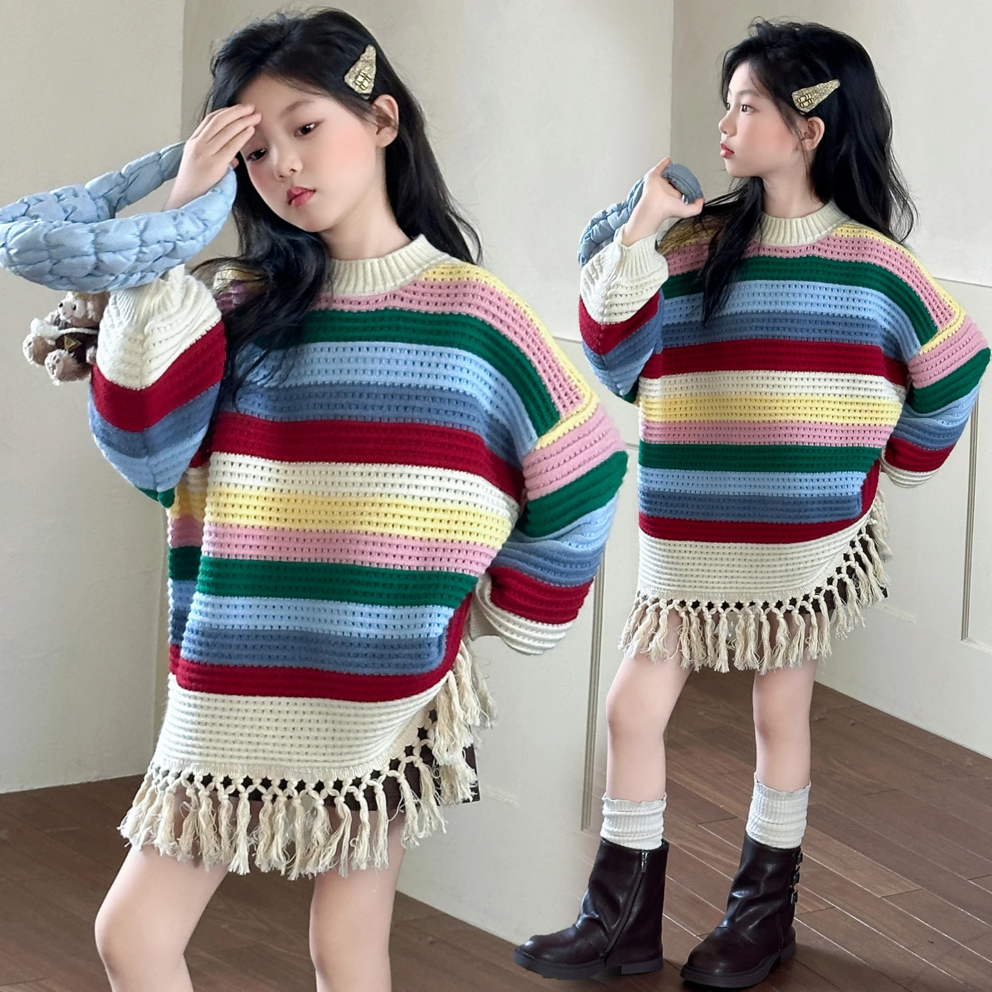 

New Autumn Kids Y2K Gothic Rainbow Stripe Sweater With Tassel For Teenage Girls Fashion Street Pullover Cool Hollow Out Knitwear