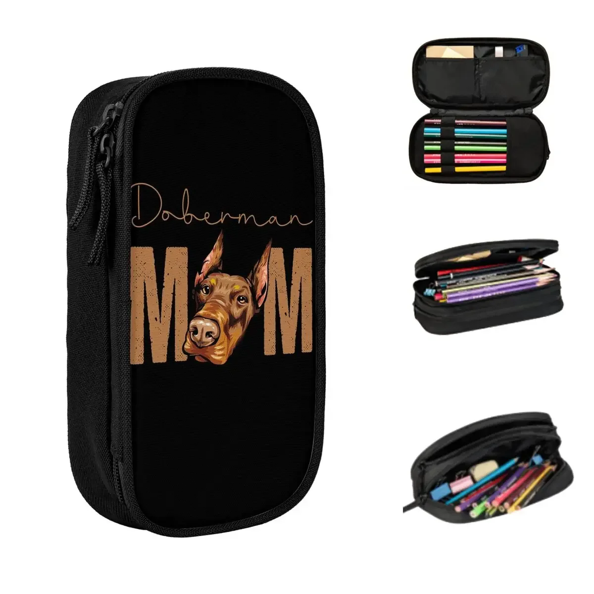 Doberman Mom Dog Pencil Cases Large Storage Pen Bags Pen Box Pencil Pouch For Boys Girls Students Stationery School Office