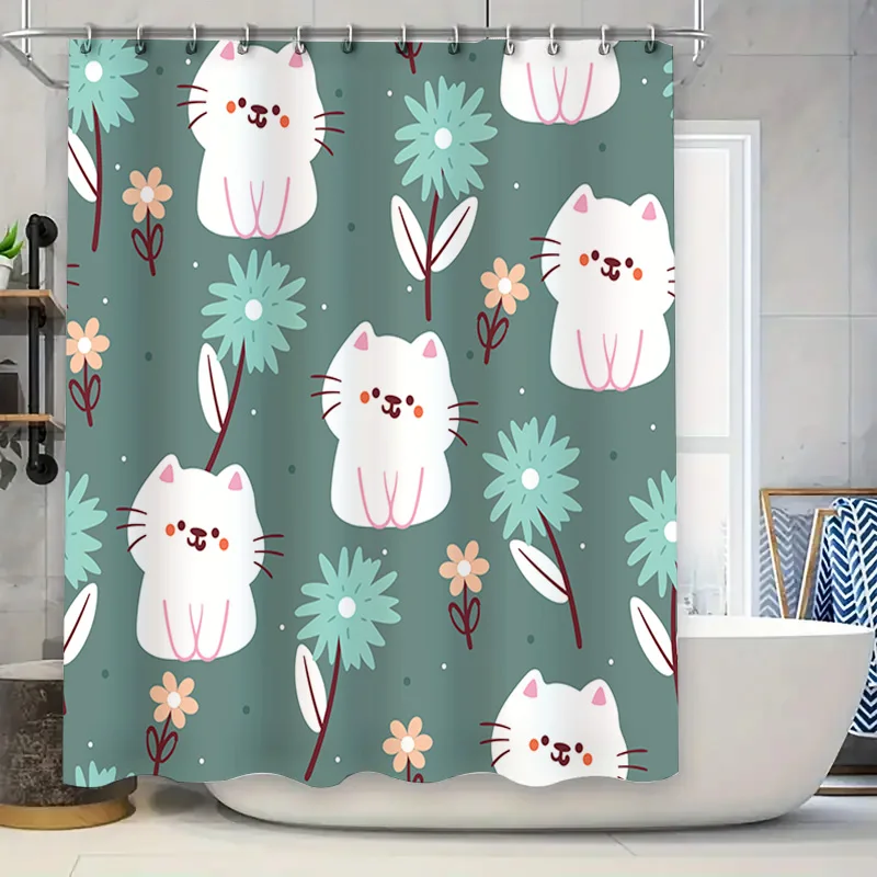 

Whimsical Floral Cat Shower Curtain for Bathroom Decor Washable Fabric Waterproof Available in Multiple Sizes for Customization