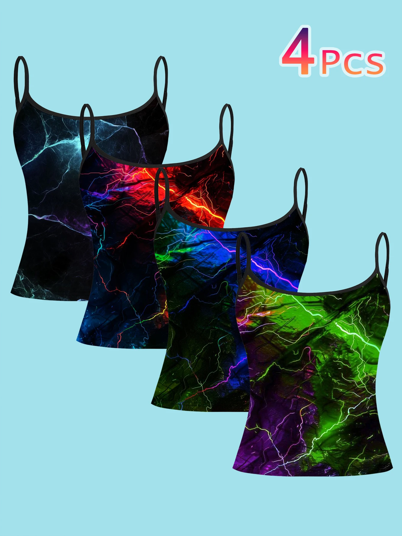 4-Piece Set of Black Neon Crackle Lightning Print Camisoles for Women, Cyber Marble Light Effect Slim-Fit Spaghetti Strap Tops