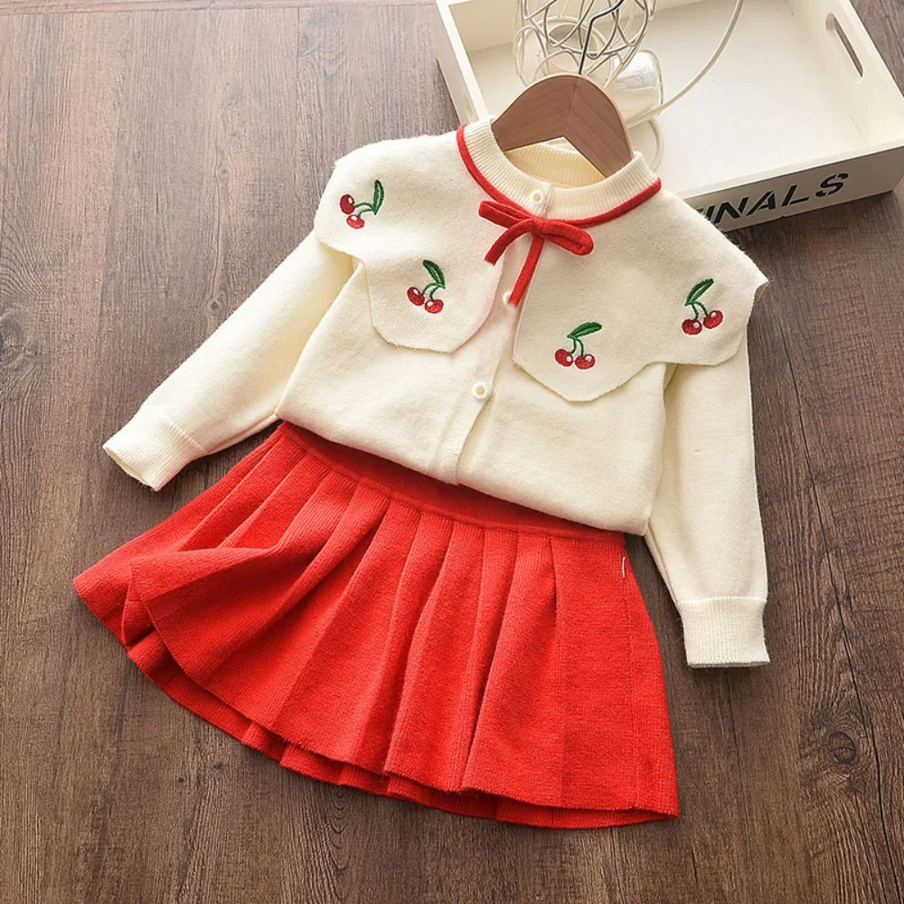 Kids Clothes Baby Girl Costume Cartoon Embroidery Cherry Doll Collar Bow Cardigan+solid Color Pleated Skirt Winter Two-piece Set