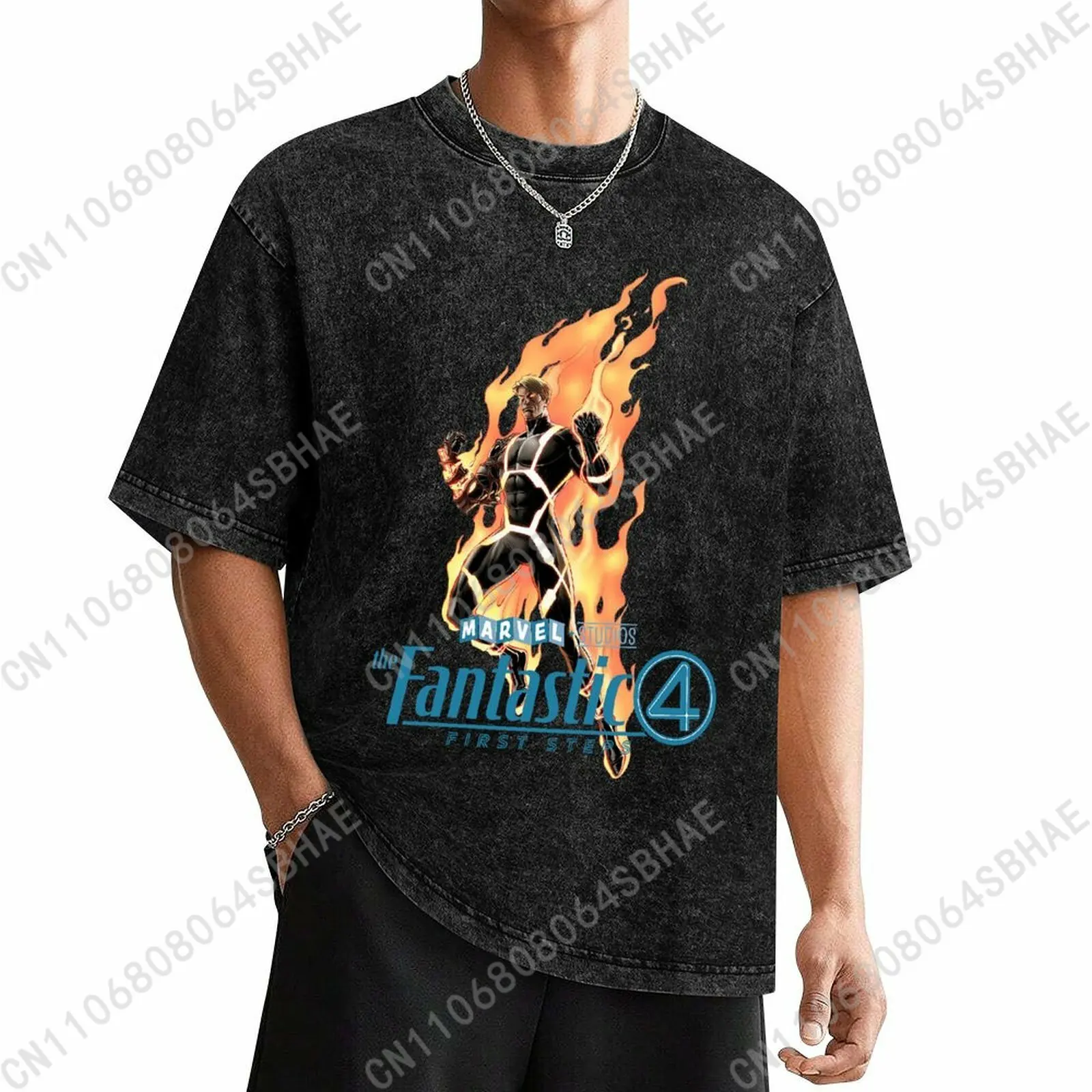 

Marvel Human Torch Custom Mens Vintage T Shirt Washed Distressed Tee Men Retro Short Sleeve Personalized Cotton Shirt Cosplay