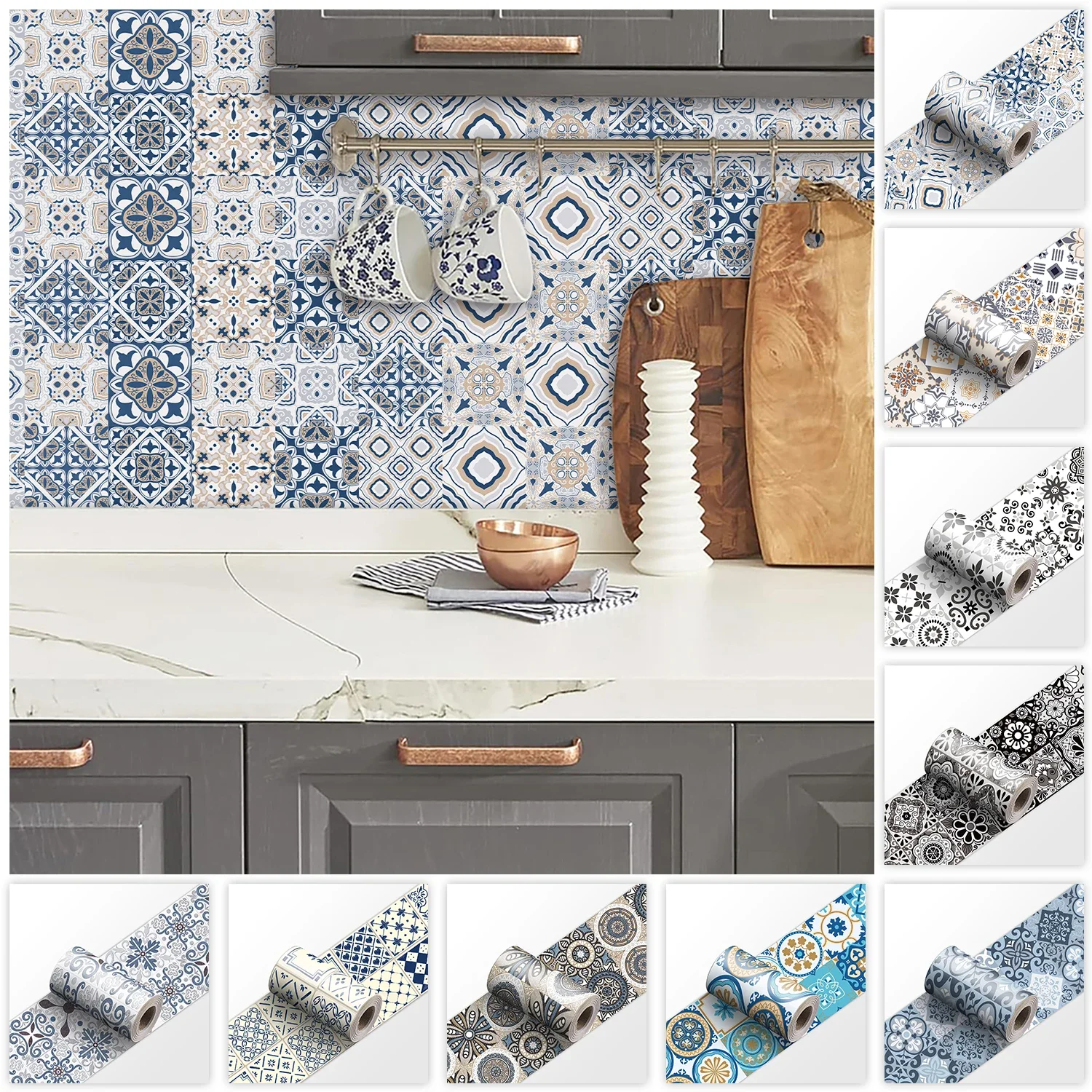 European Style Ceramic Wall Stickers Peel & Stick Kitchen Backsplash Decorative Waist Line Tile Strips for Bathroom Skirting