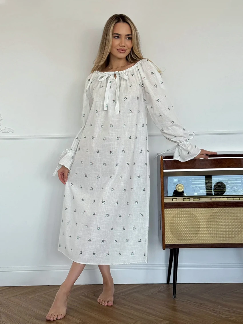 

Marthaqiqi Printing Female Pajamas Long Sleeve Sleepwear Slash Neck Nightwear Lace Up Nightgown Ankle-Length Dress Home Clothes