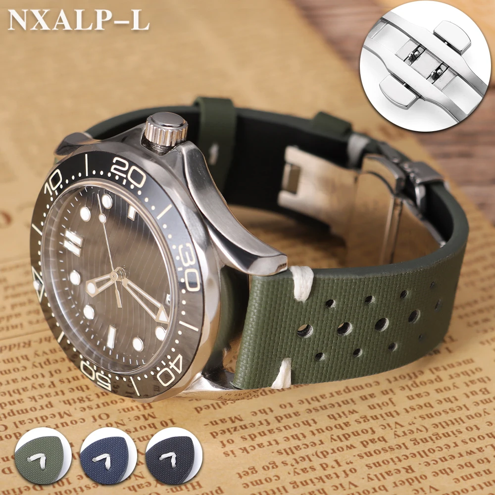 Sailcloth حزام تنفس الجلود حزام (استيك) ساعة 18 مللي متر 20 مللي متر 22 مللي متر ل أوميغا ل سايكو الأشرطة فراشة مشبك سوار الإفراج السريع