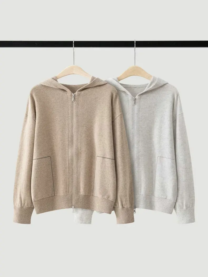 2026 Autumn/Winter New Style Knitted Hooded Zipper Jacket With Wide-Leg Pants Women'S Casual Fashion Cashmere Suit
