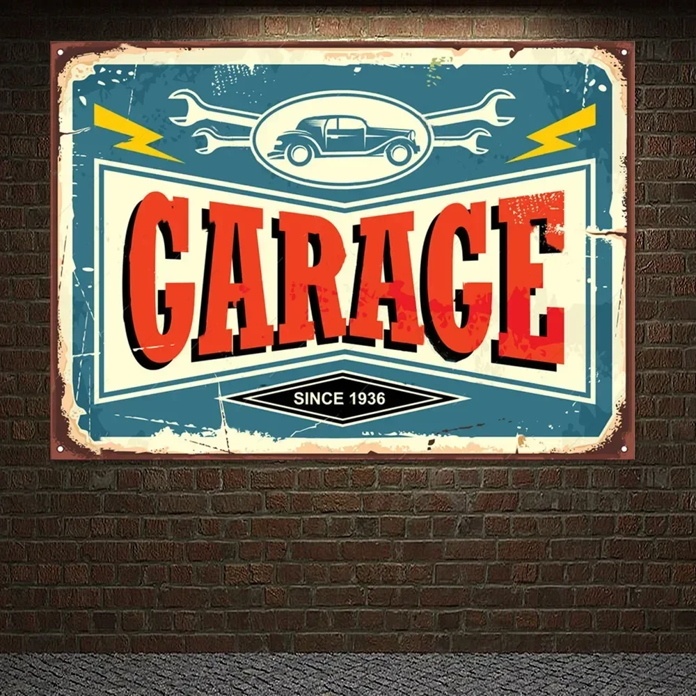 GARAGE SINCE 1936 Vintage CAR SERVICE Poster Tapestry Auto Repair Shop Banner Wall Painting Gas Station Man Cave Home Decor Flag