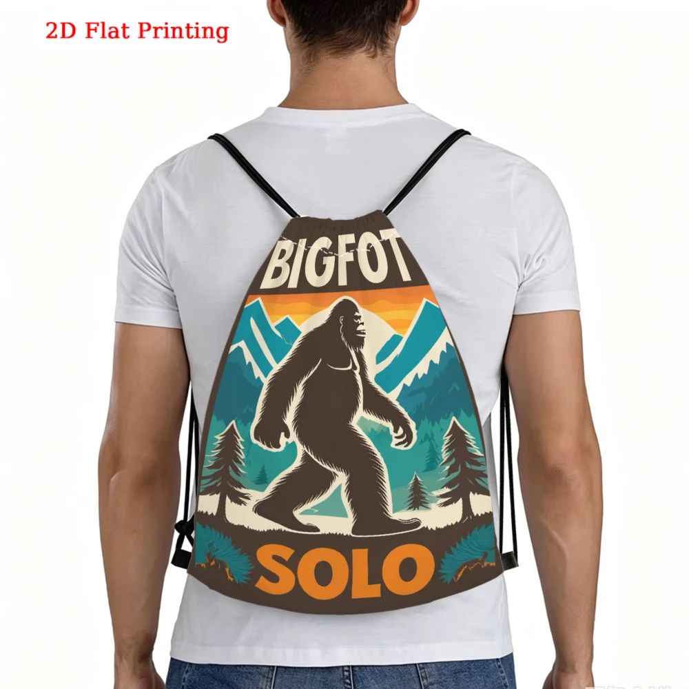 Retro Vintage, Drawstring Backpack, Bigfoot Solo Mountain Camping Print, Gym Sports Bag, Outdoor Travel Cinch Sack