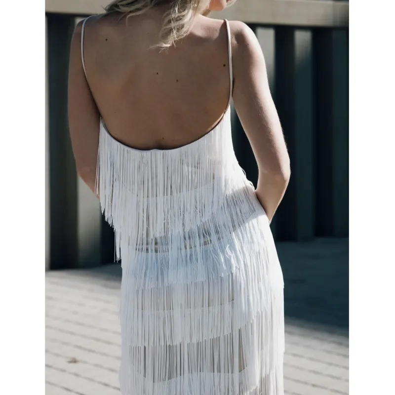 Frauen Fringe Quaste Backless Kleid Ärmel Tiered Elegante Bodycon Spaghetti Strap Kleid Für Tanz Cocktail Party Nachtclub