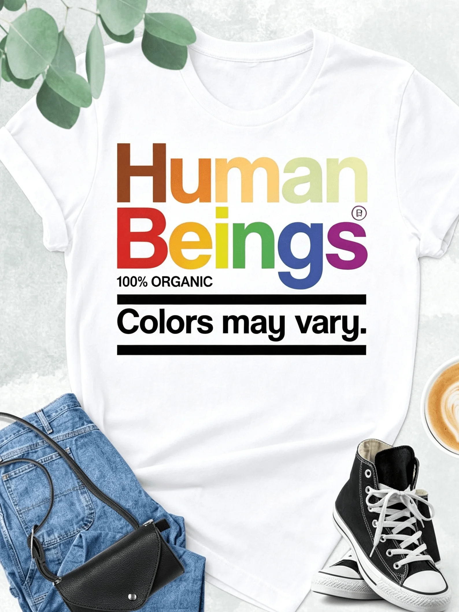 [Equality Graphic Tee] Men's Human Beings Colors May Vary Graphic T-Shirt - Black Crewneck Tee with Rainbow Human Emblem | Equality, Human Rights Shirt, Casual Everyday Activist Apparel, Soft Everyday Top for Social Justice Advocacy, Bold Text
