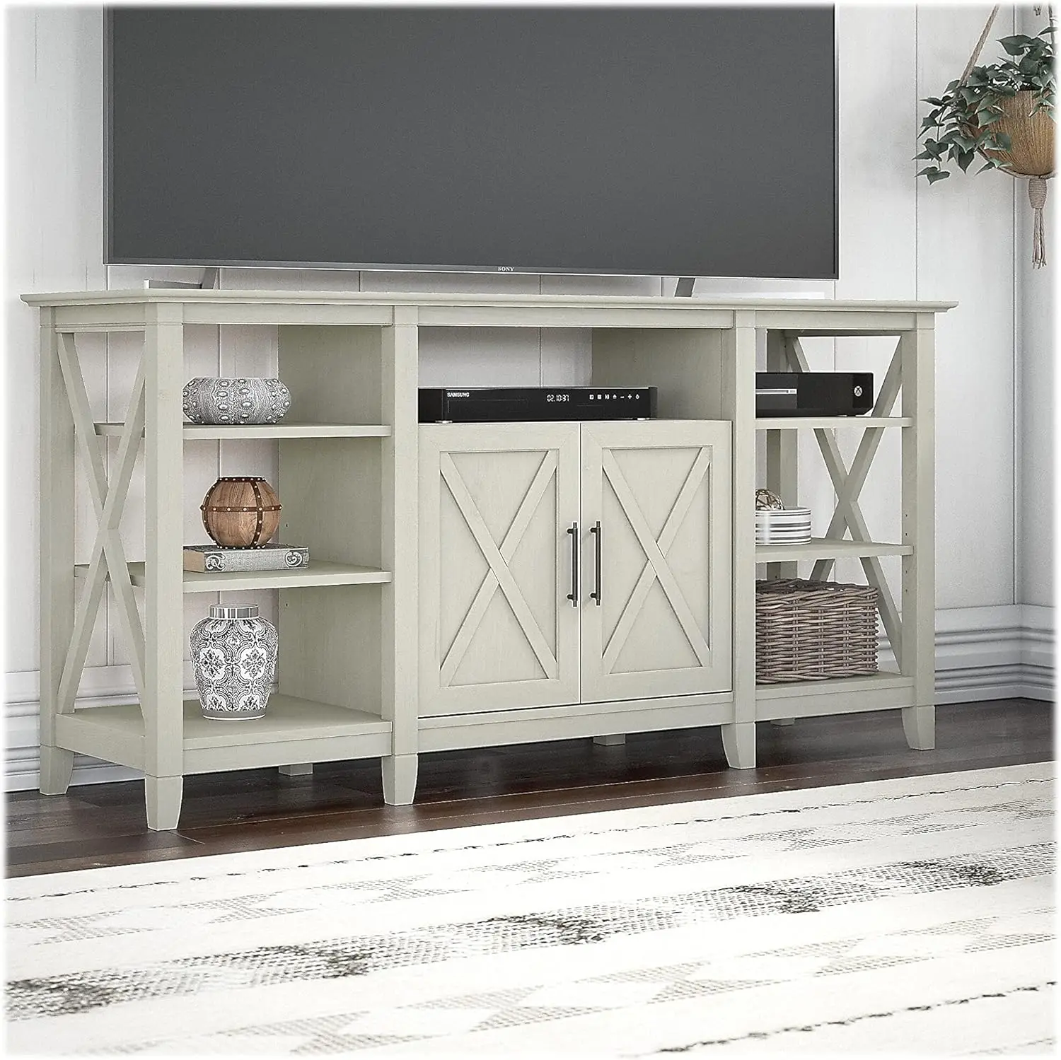 TV Stand for 65 Inch TV in Linen White Oak, Farmhouse Entertainment Center with Storage