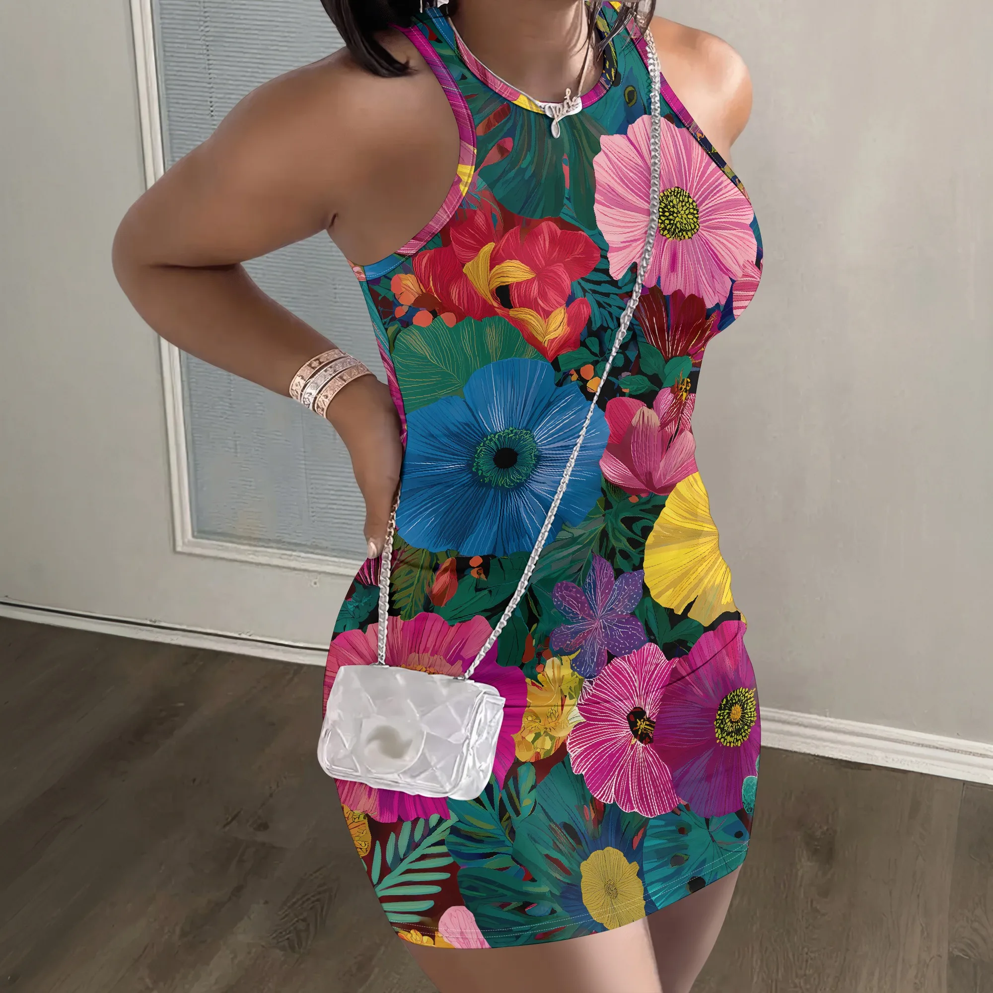 Vivid Floral Print Halter Dress, Tropical Flower Pattern, Sleeveless Bodycon Mini Dress, Summer Party Beach Wear, S-2XL
