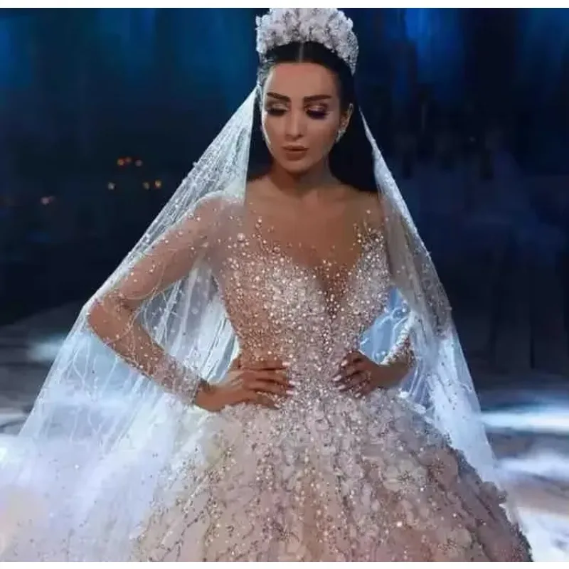 Customized  Long Sleeves Ball Gown Wedding Dresses Beaded 3D Floral Appliqued Saudi Arabia Lace Plus Size Bridal Gowns