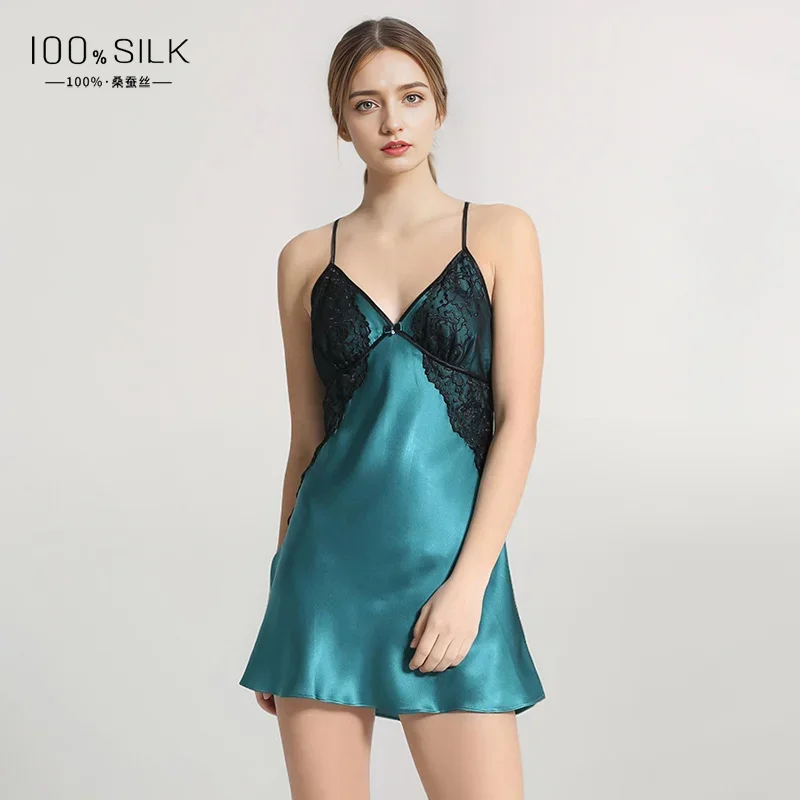 

100% Mulberry Silk Female Nightgown Chemise Sleepwear Loungewear V Neck Nightdress Lingerie Patchwork Lace Sleeping Dress Pajama