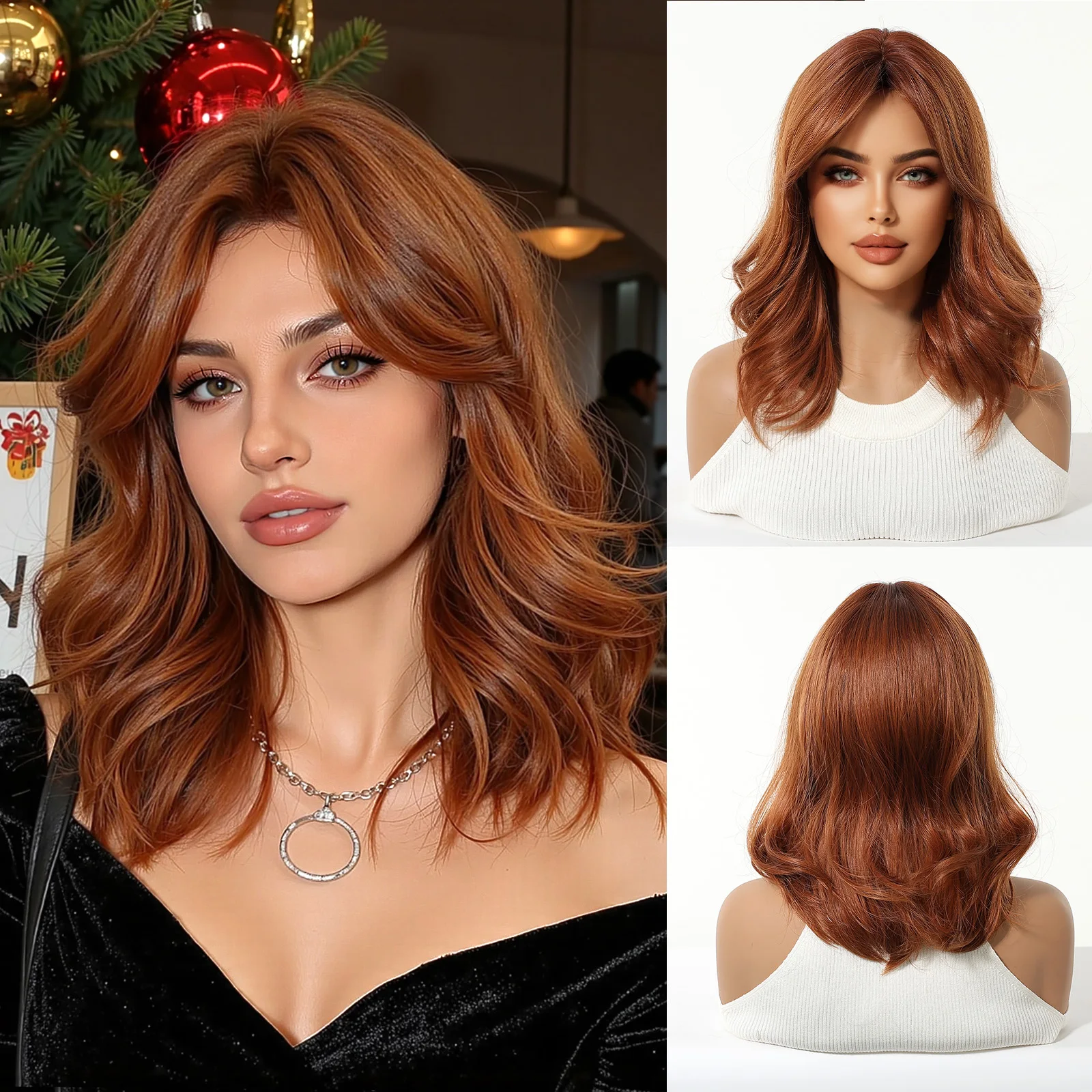 

HENRY MARGU Short Wavy Wigs for Women Orange Brown Bob Natural Synthetic Wig Middle Part Daily Party Lolita Use Heat Resistant