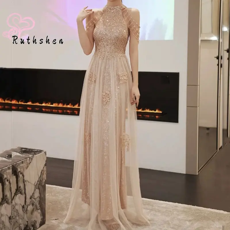 

Evening Dresses Long Luxury 2023 Champagne Gold Beading Sequins Appliques Elegant Prom Dress for Women Wedding Party Vestido