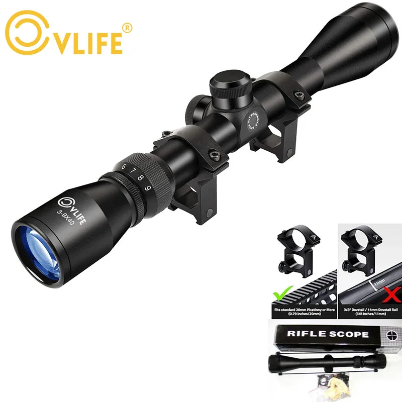 

CVLIFE 3-9x40 Rifle Scope 20mm Optics R4 Reticle Crosshair Hunting Riflescope Tactical with Mounts Black