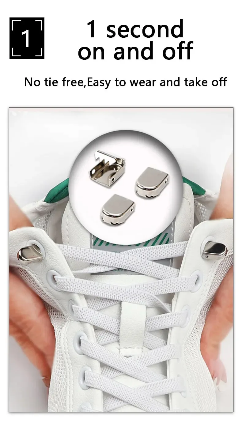 1 Paar flache Schnürsenkel für Turnschuhe, elastische Schnürsenkel ohne Krawatten, drücken Sie die Metallverschluss, Lazy Shoes, Spitze, Gummiband-Zubehör – Detail 3