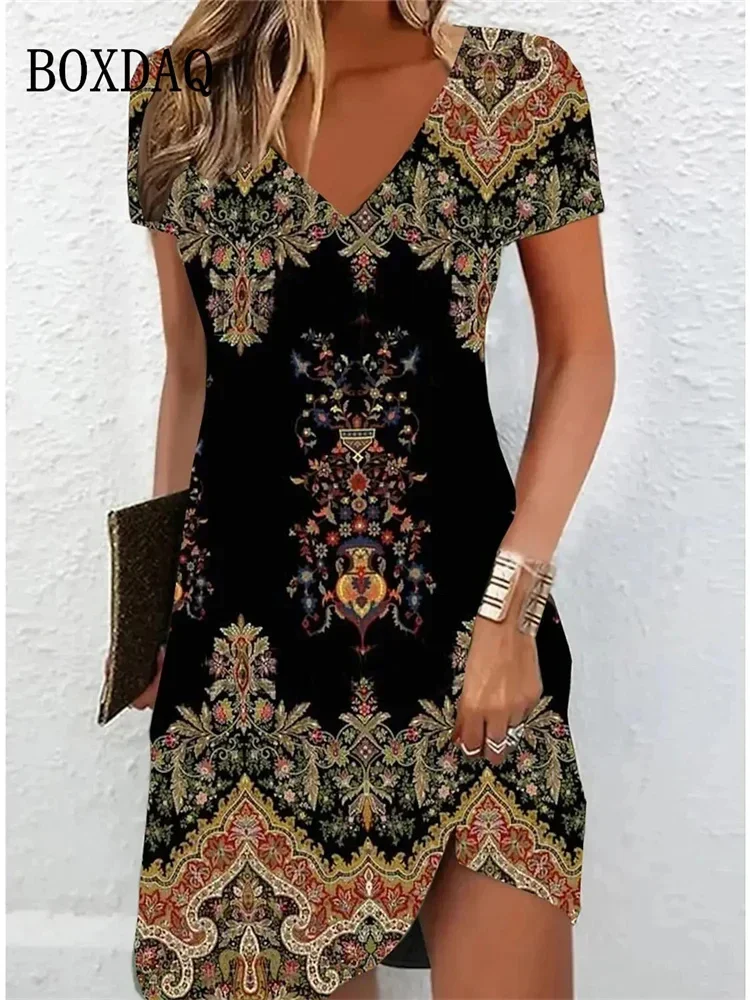 

2025 Retro Women Dresses Ethnic Style Floral Print Loose Midi Dress Plus Size Casual Short Sleeve Pullover V-Neck Dress Sundress