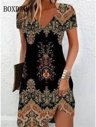 2025 Retro Women Dresses Ethnic Style Floral Print Loose Midi Dress Plus Size Casual Short Sleeve Pullover V-Neck Dress Sundress