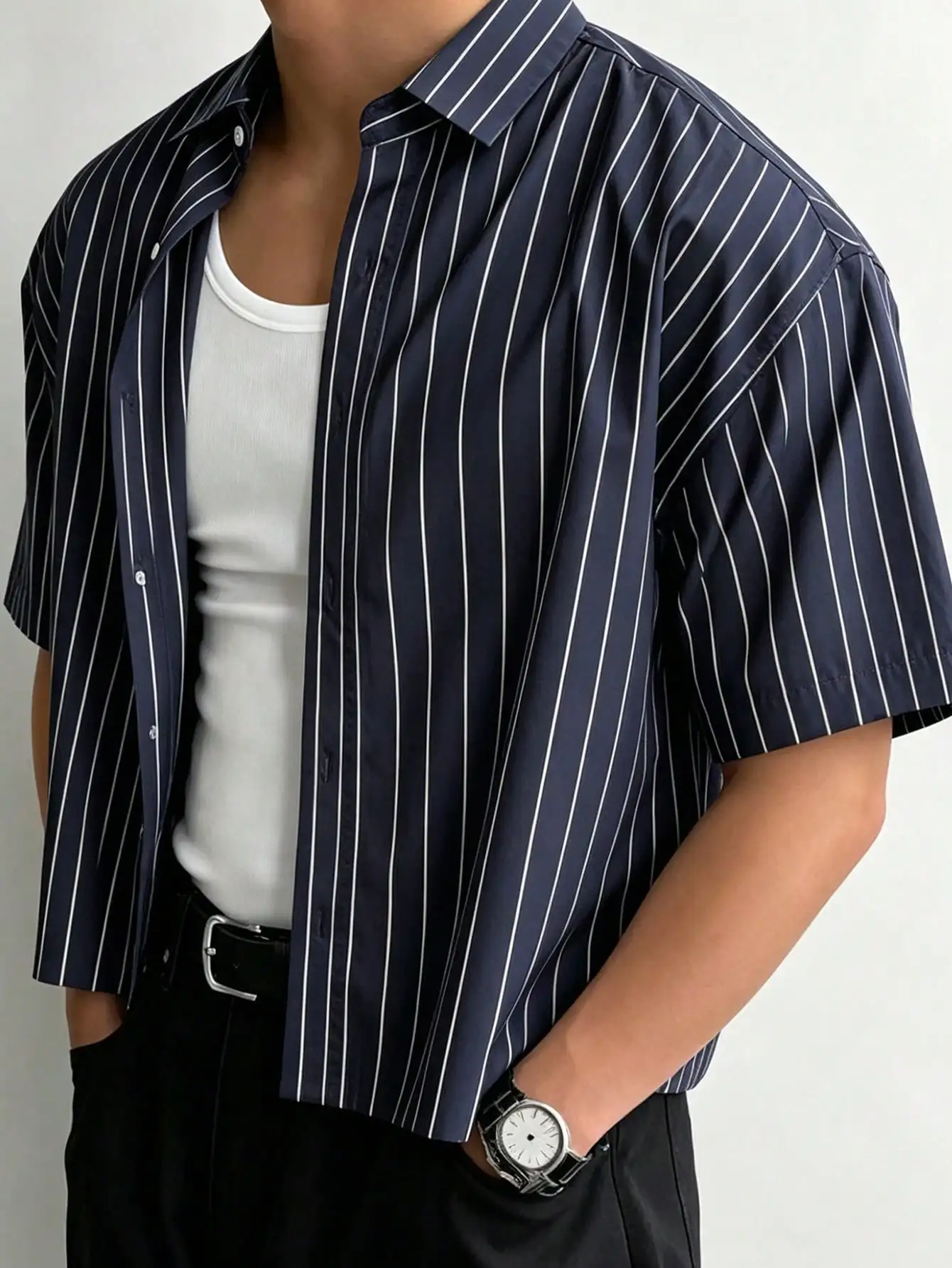 FGKKS Men Short Sleeve Shirts Brand Fashion Casual Striped Thin Cool European Style Comfortable Male Summer White Shirt