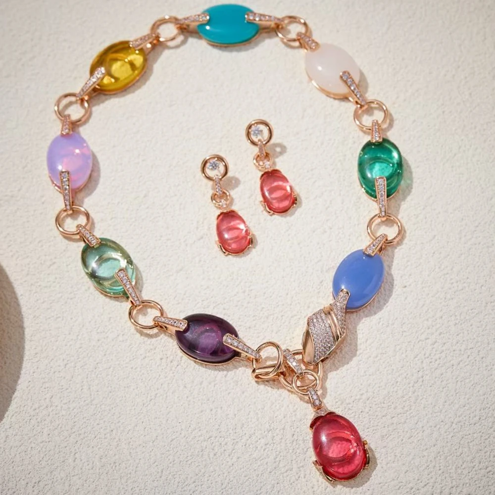 High Craft Synthetic Large Colored Gemstone Water Dop Necklaces Earrings Luxury Women Party New Jewelry Sets