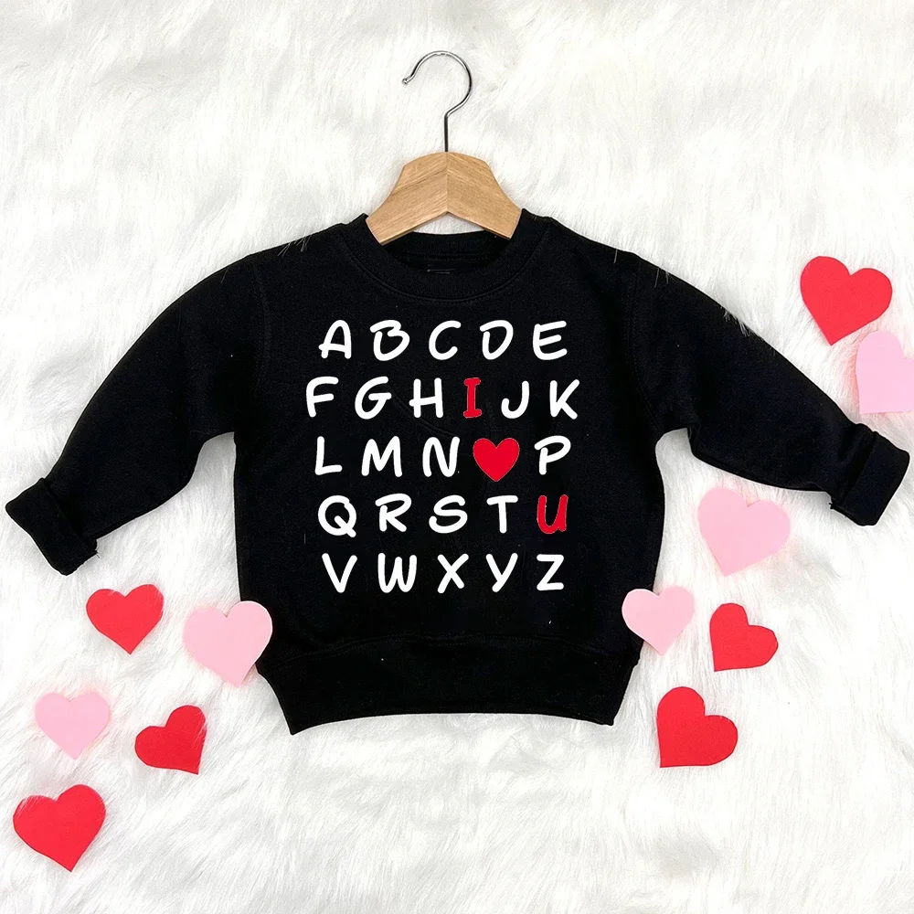 ABC I Love You Print Sweatshirt Kids Valentine Party Outfit Streetwear Winter Warm Hoodie Tops Childred Holiday Pulloverclothes