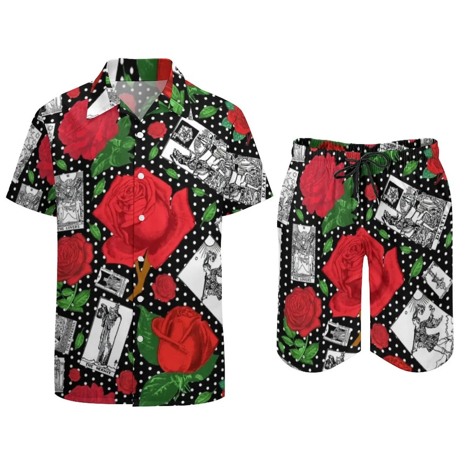 Tarot Cards Print Men Sets Red Roses Casual Shorts Summer Vintage Beachwear Shirt Set Short Sleeves Plus Size Suit Birthday Gift