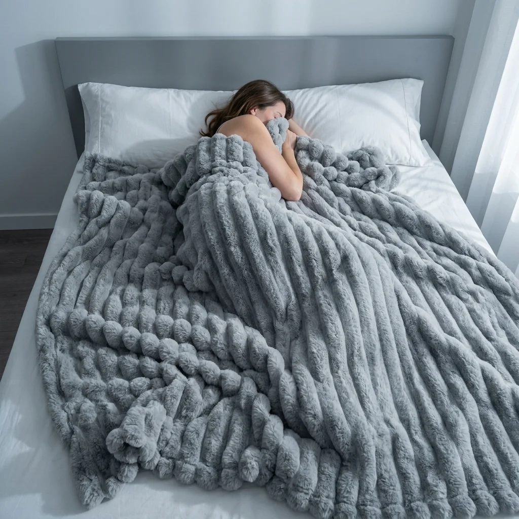 Cozy Striped Velour Blanket – Ultra Soft Warm Ribbed Plush Throw, Ideal for Sofa, Nap, Office, Travel, All Season Use, Machine Washable