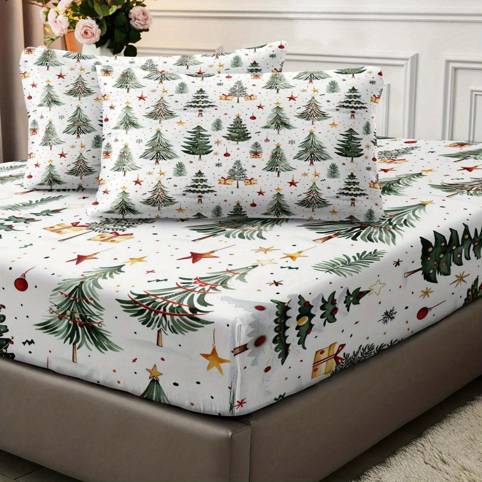 3pcs 85G July Chemical Fiber Polyester Christmas Tree Flashing Digital Bed Sheet Set, Soft, Comfortable, Bed, Eight Sizes