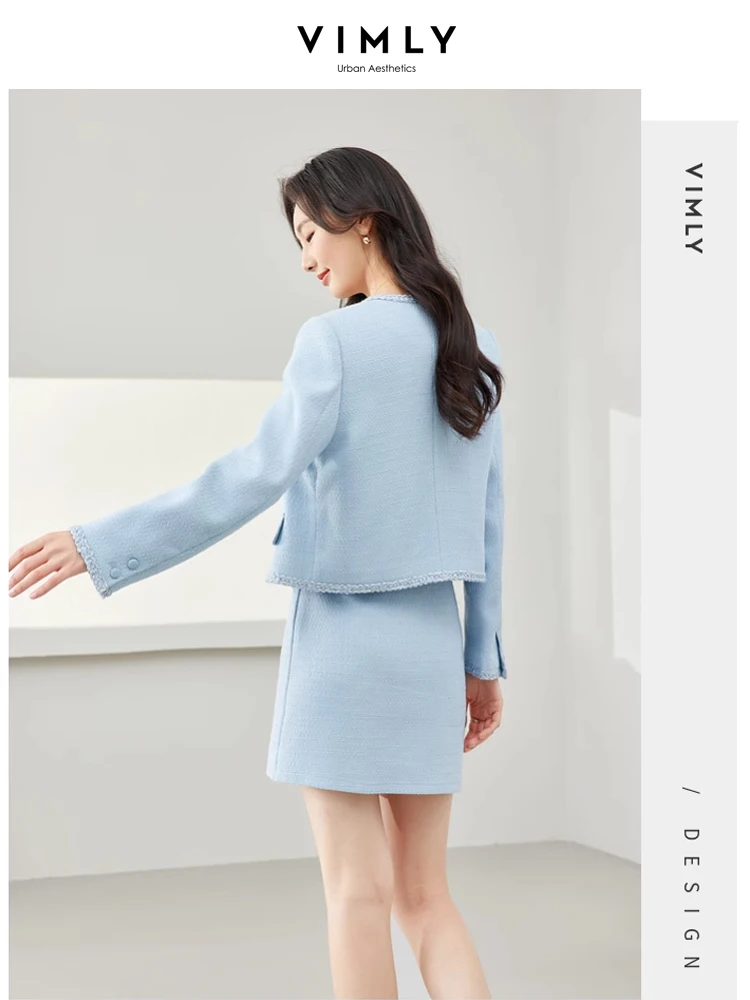 Vimly Light Blue Elegant Tweed Sets for Women 2 Pieces O-neck Cropped Jacket A-line Mini Skirt 2024 Spring Matching Sets M6675