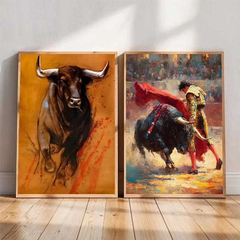 （2D Tin painting）Classic Spanish Bullfighter Canvas Painting Prints Wild Bull Poster for Living Room Home Wall Decor Cuadros