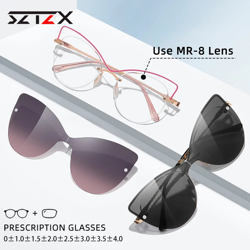 

SZTZX Rimless Cat Eye Magnet Clip On Hyperopia Reading Glasses Women Myopia Prescription Glasses with Gradient Color Sunglasses