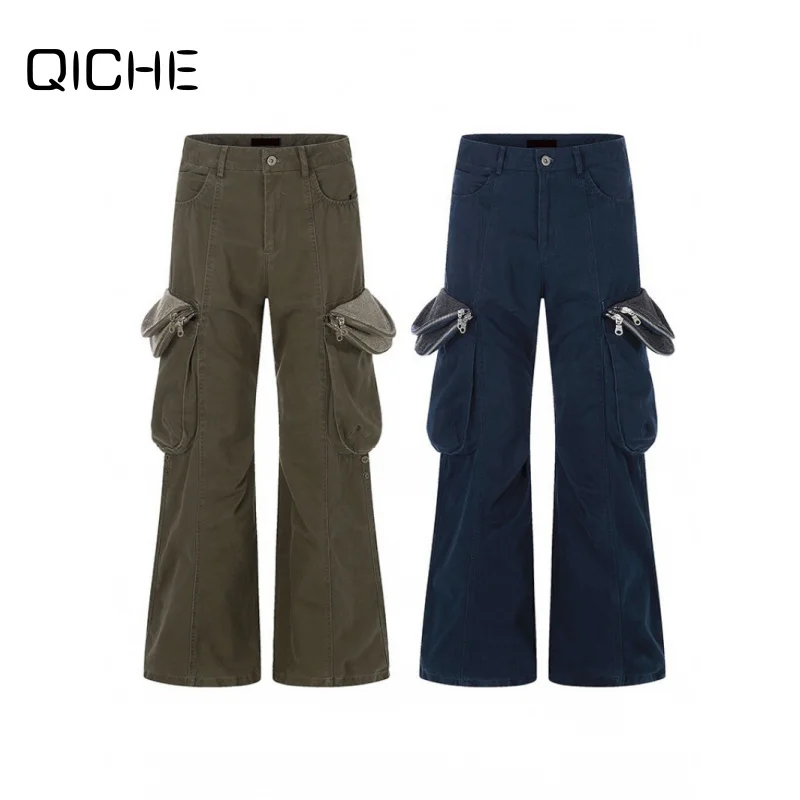 QICHE Men HighStreet Retro Deconstructed WideLeg Cargo Pants AmericanStyle Loose Straight Trousers With Large Side Pockets