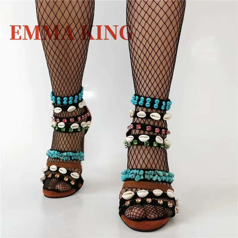 قذيفة كريستال ديكور خنجر الصنادل الصيف النساء فو الجلد المدبوغ صنادل طراز جلاديتور موضة حجر الراين فستان الحفلات أحذية 44 #3