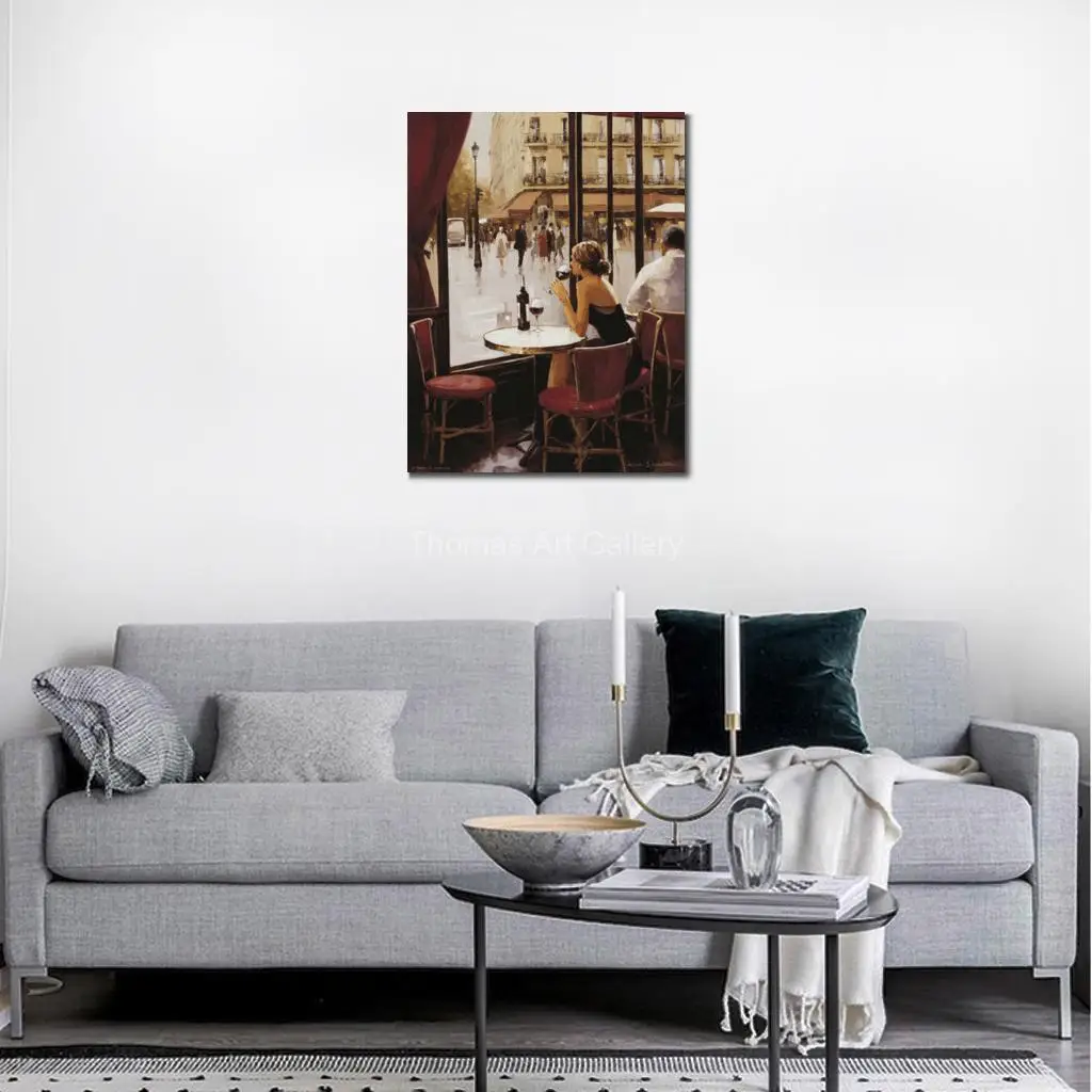 Parisian Street Canvas Printed Woman Figure HD Impressionist French Cityscape Romantic Wall Art for Pub Cafe Bar Decor