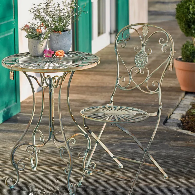 

Retro old wrought iron chair courtyard outdoor folding small table and chair household balcony garden leisure small round table