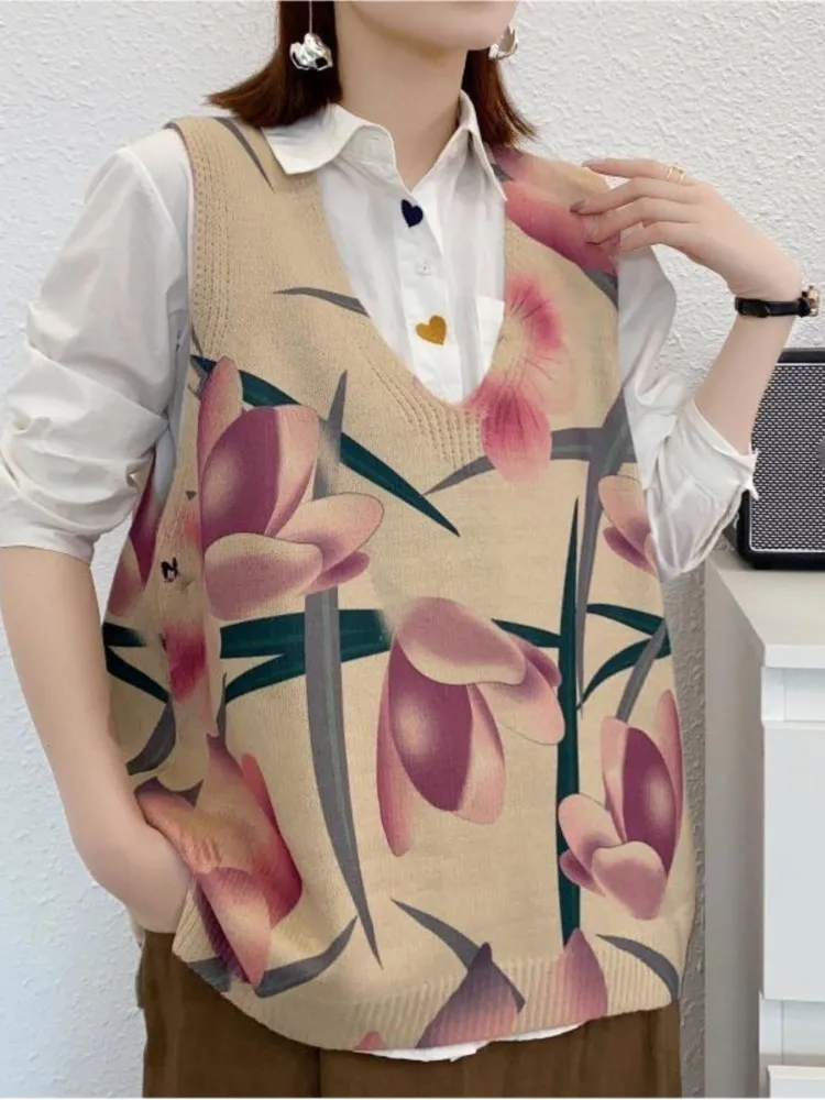 Oversized Knitted Autumn Pullover Vest Tops Women Floral Print Sleeveless Loose Casual Ladies Vests Modis V-Neck Woman Vest 2023