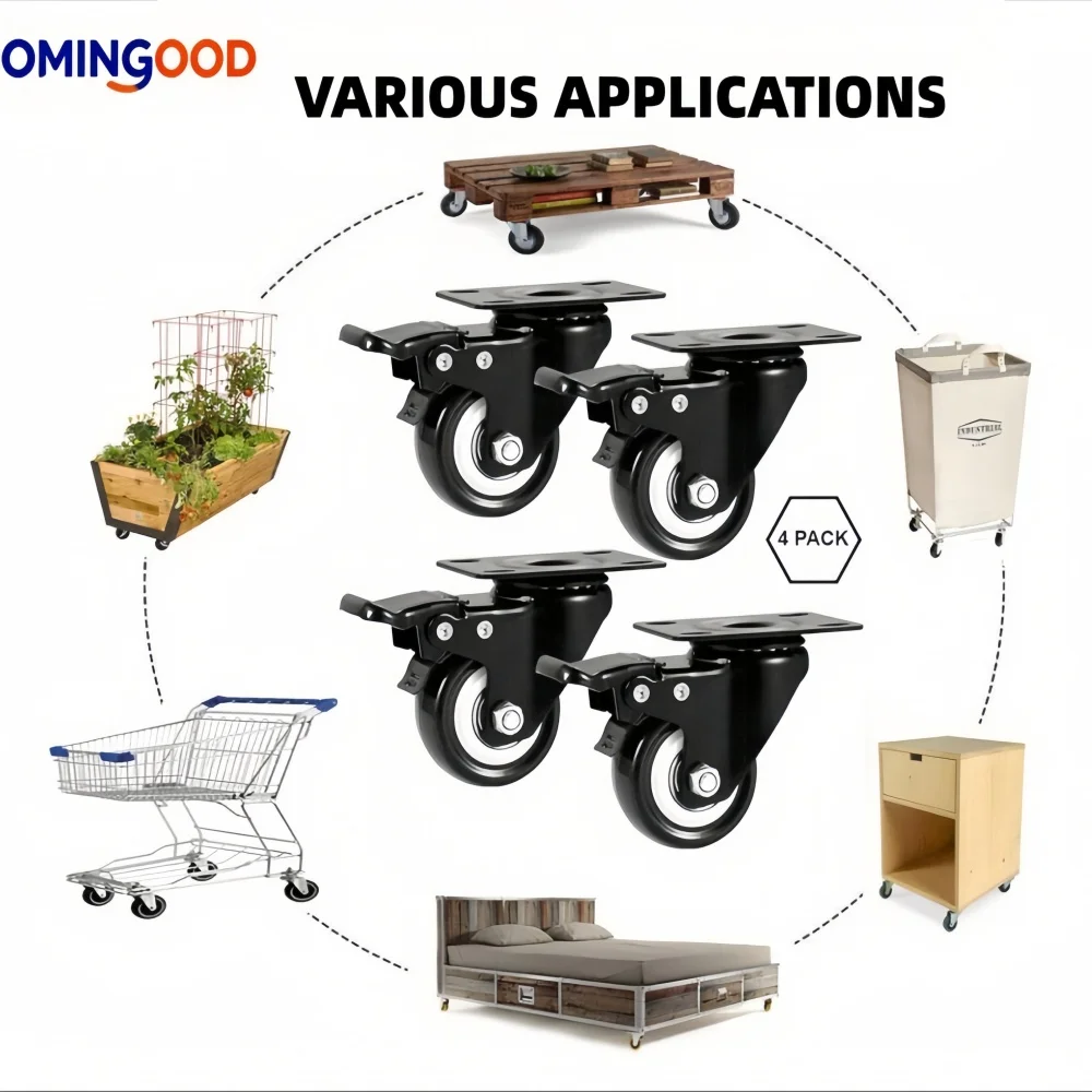 4pcs 1.5/2/4/5 inch Universal casters heavy duty 360° swivel silent brake wheels furniture wear-resistant platform trolley home