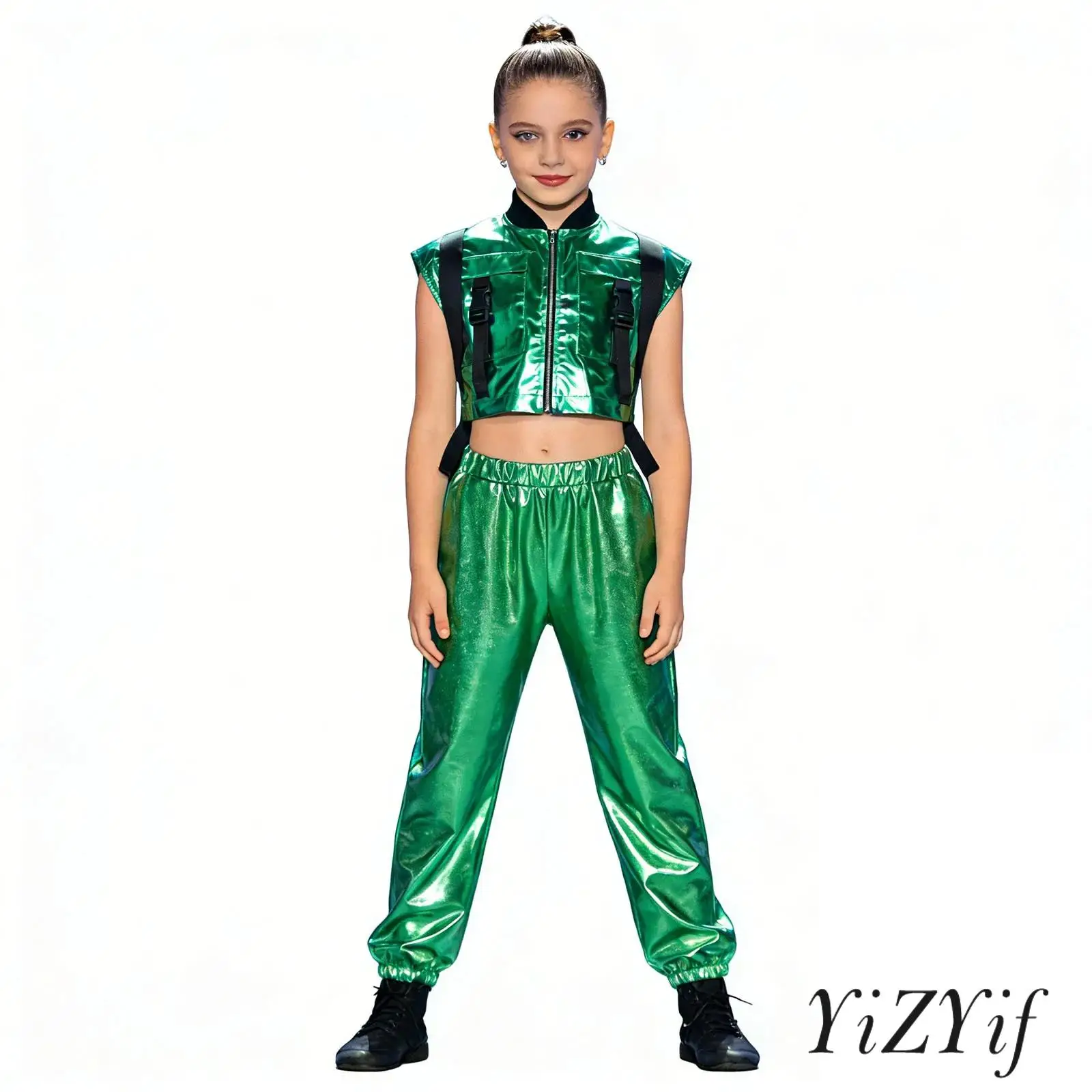 

Kids Disco Street Dance Stage Performance Set Sleeveless Metallic Vest with Sides Open Zipper Shiny Pants for Hip Hop Jazz Dance