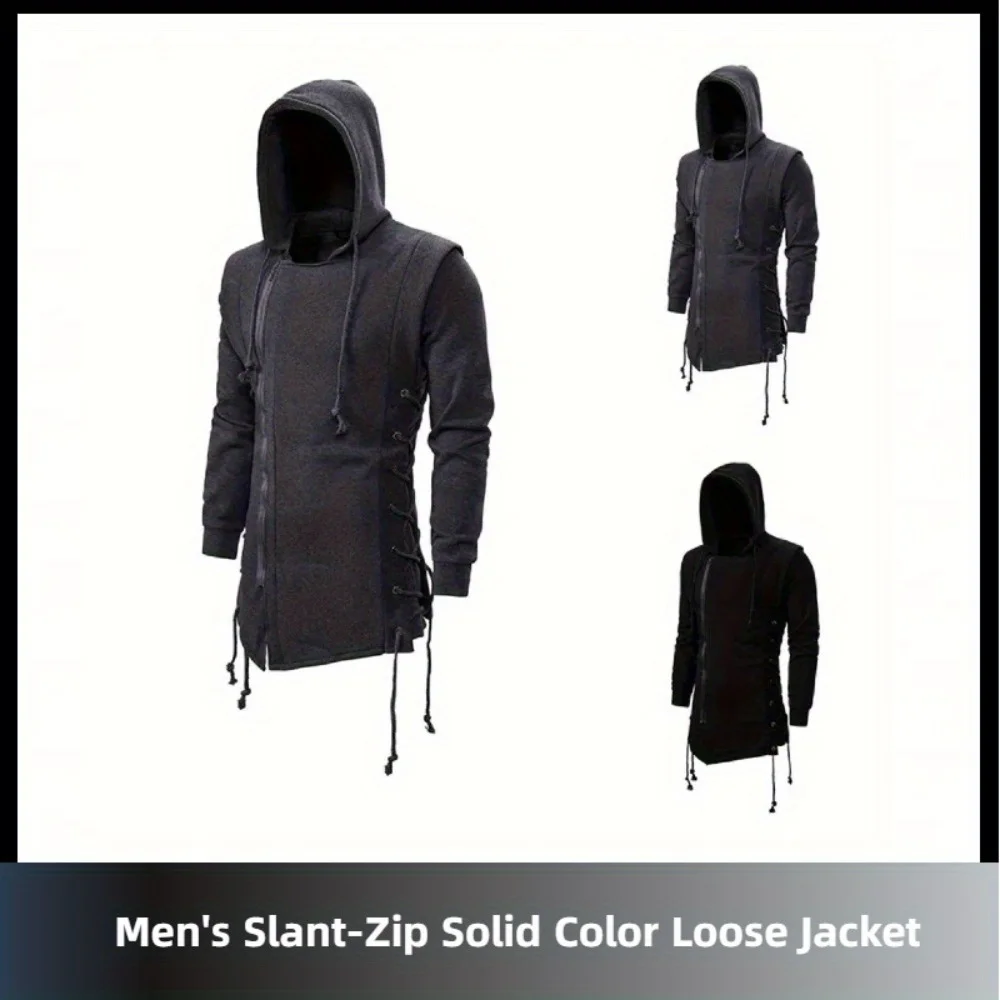 

Осень/зима, темная толстовка с капюшоном — мужская однотонная свободная куртка с наклонной молнией, уличная модная повседневная верхняя одежда