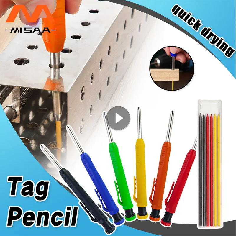 Deep Hole Solid Carpenter Pencil Set with 6 Refill Built In Sharpener Mechanical Pencil Carpentry Scriber Woodworking Tools