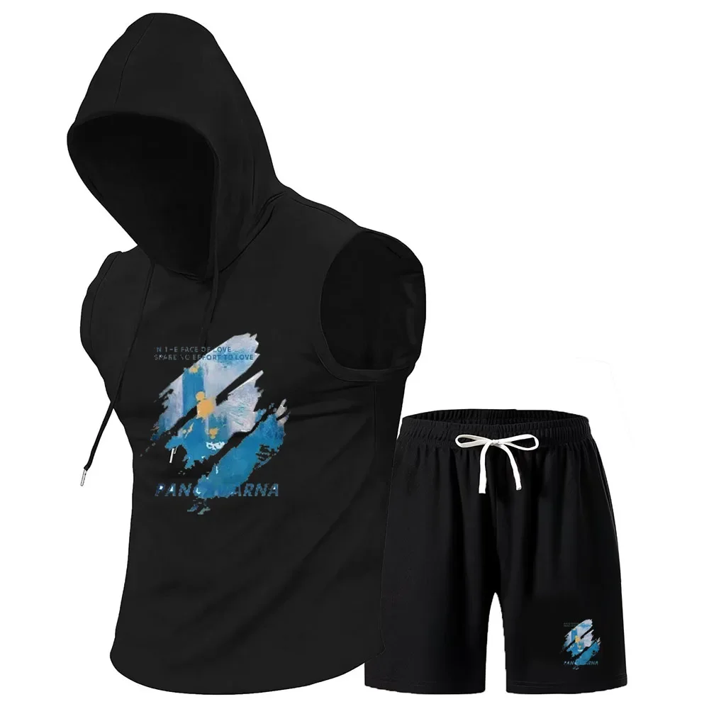 2026 Men's hooded top+shorts summer new loose round neck trendy set, casual and comfortable, youthful and fashionable print view 2