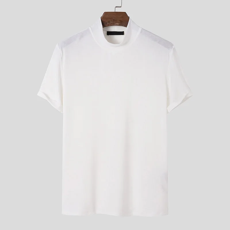 2023 lässige dünne einfarbige T-Shirt Streetwear High-Neck Kurzarm T-Shirts für Männer Shape wear Freizeit Sommer