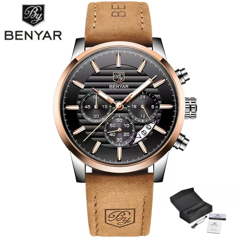 BENYAR Luxury Men's Wristwatch Leather Strap Military Sport Chronograph Waterproof Quartz Watch for Men