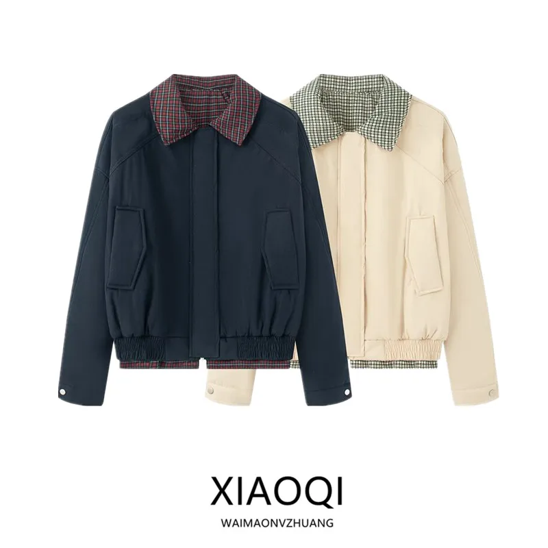 

Autumn Winter Plaid Cotton Jaet Women's Faion Design Long Sve Turn-down Collar Versatile Commute Outerwear Coat