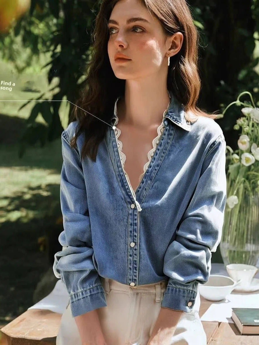 

Retro Waed V-Ne Lace Trim Denim irt Women's Sweet Youthful Versatile Long Sve Casual Straight Cotton Top Trendy