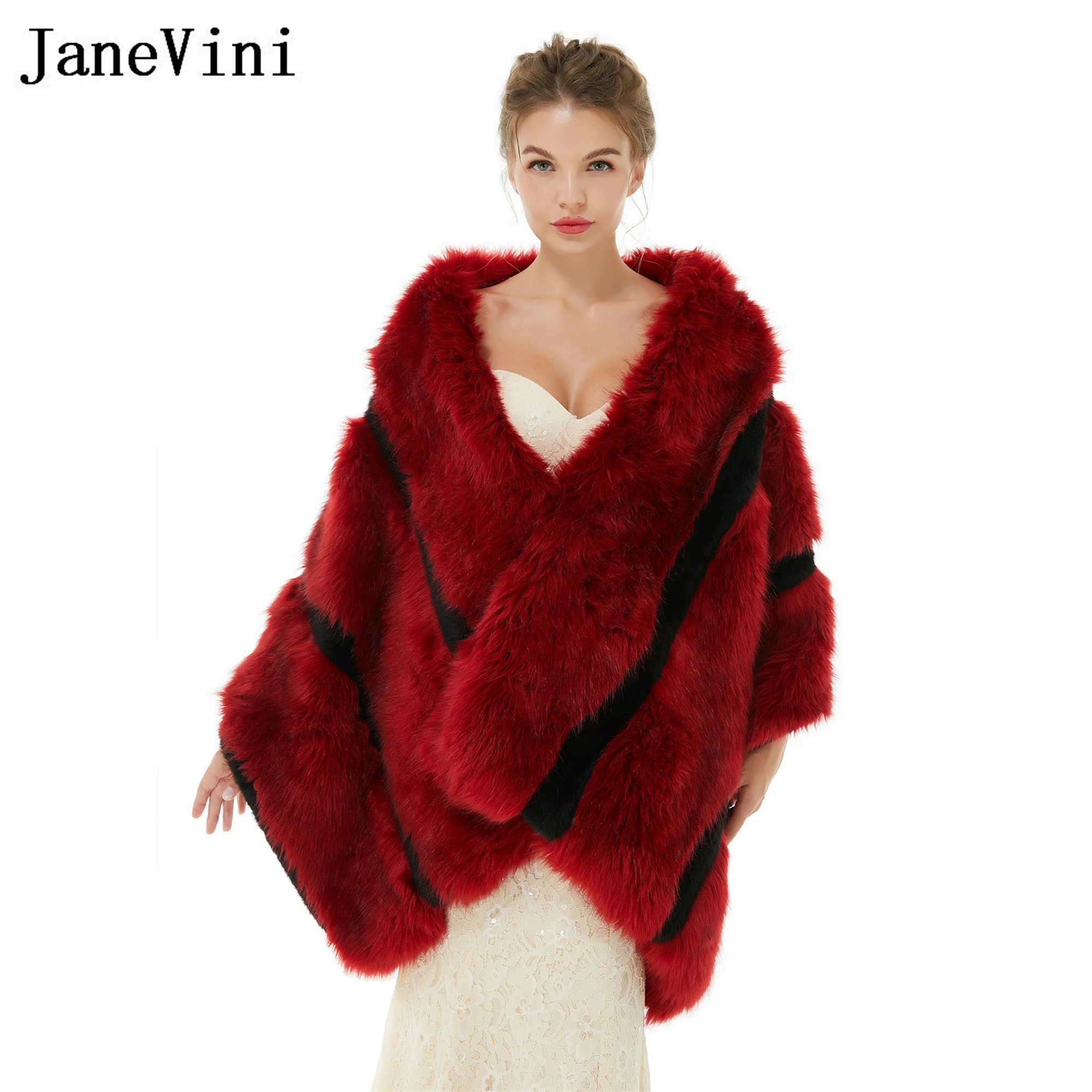 

JaneVini Burgundy Faux Fur Bridal Shawl for Wedding Cape Winter Women Formal Party Wraps Stoles Cloak Shrug Bolero Mariage Femme