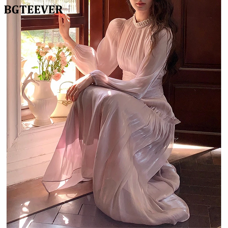 BGTEEVER Elegante Puff Sleeve Stehkragen Weibliche A-line Kleid Frühling Mode Schlanke Taille Damen Solide Mid-Länge Kleid